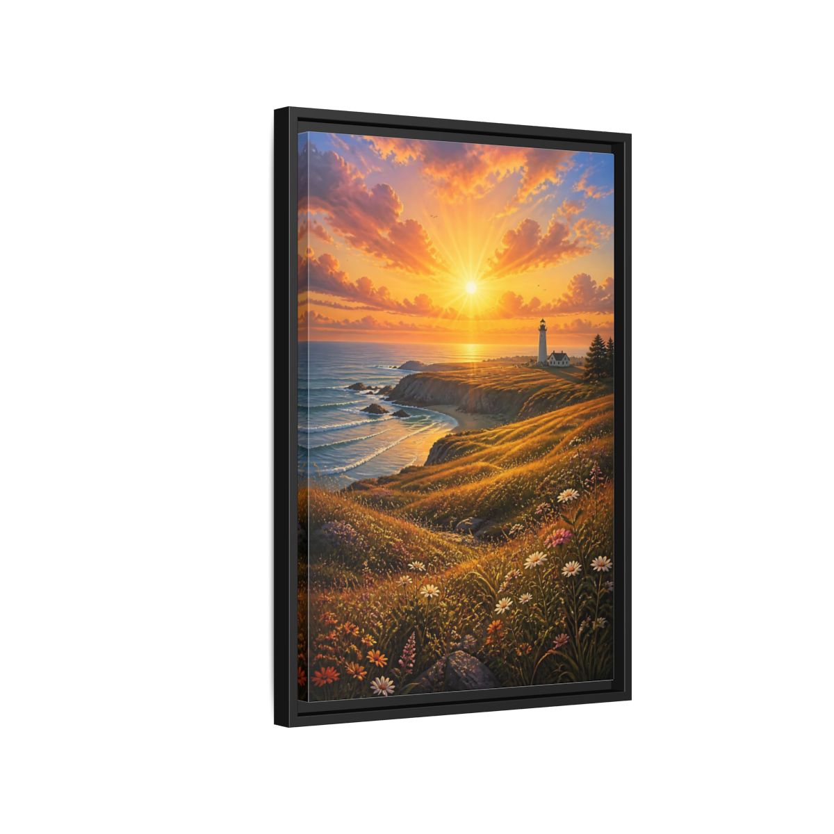 Side Mockup 3. Nature Lighthouse Coast Orange Gold Coastal shown as stretched canvas wall art