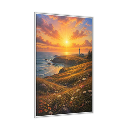 Nature Lighthouse Coast Orange Gold Coastal Framed Canvas Wall Art - Realistic Living Room shown as canvas wall art