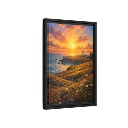 Nature Lighthouse Coast Orange Gold Coastal Framed Canvas Wall Art - Realistic Living Room shown as canvas wall art