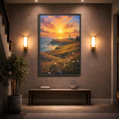 Nature Lighthouse Coast Orange Gold Coastal Framed Canvas Wall Art - Realistic Living Room shown as canvas wall art