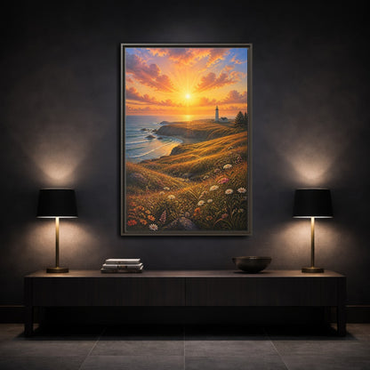 Nature Lighthouse Coast Orange Gold Coastal Framed Canvas Wall Art - Realistic Living Room shown as canvas wall art