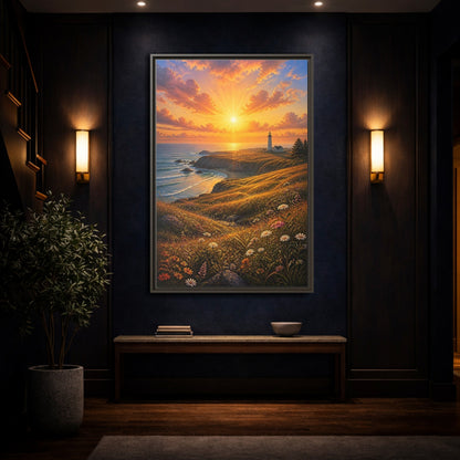 Nature Lighthouse Coast Orange Gold Coastal Framed Canvas Wall Art - Realistic Living Room shown as canvas wall art