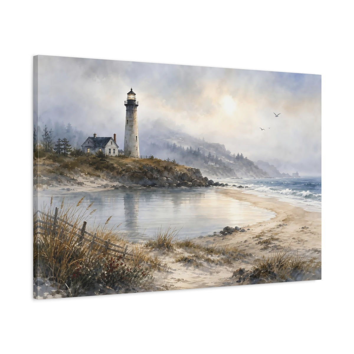 Main Mockup. Nature Lighthouse Coastal Blue Gray shown as stretched canvas wall art