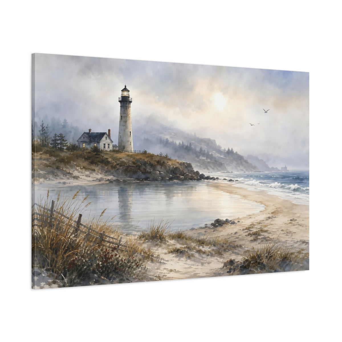 Side Mockup 1. Nature Lighthouse Coastal Blue Gray shown as stretched canvas wall art