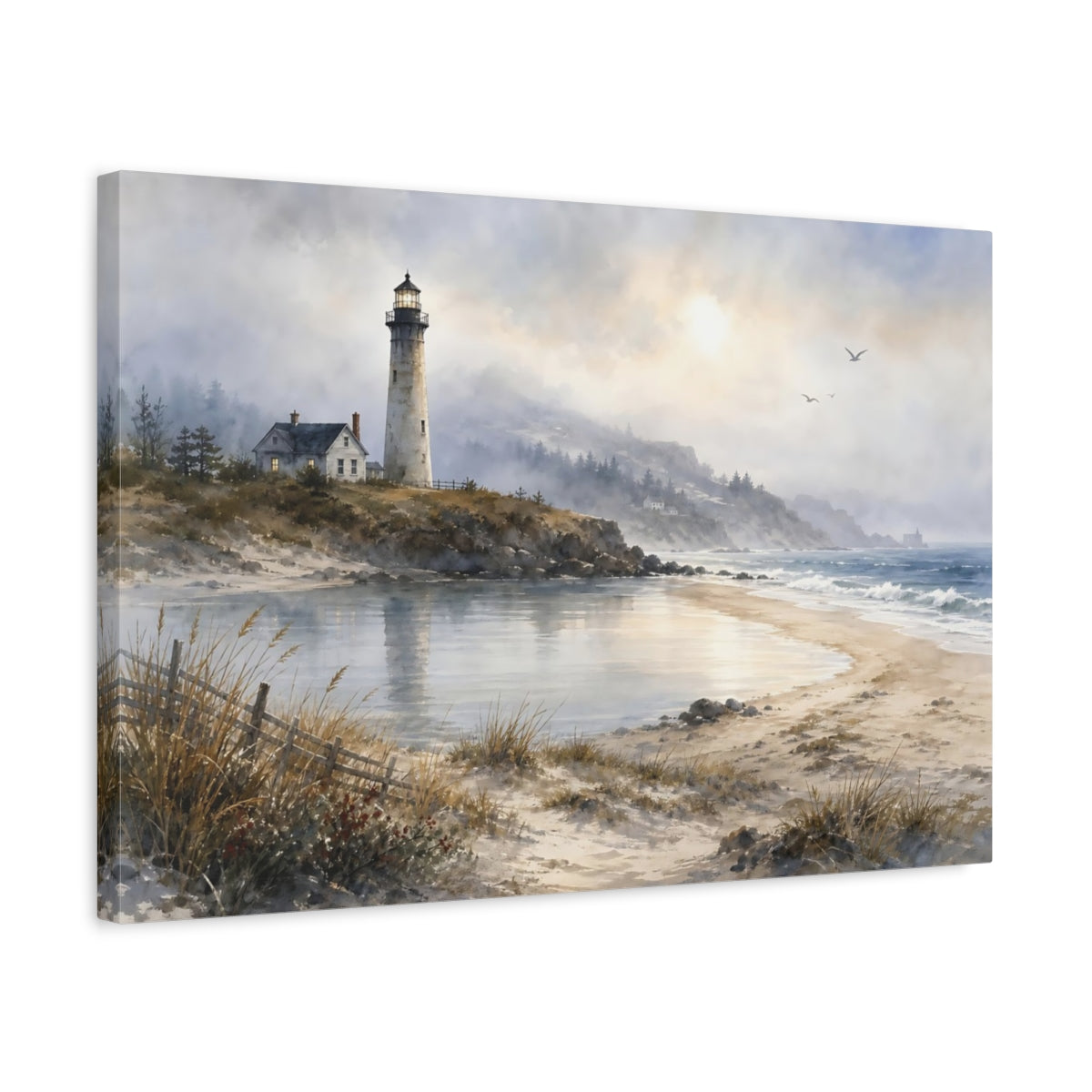 Side Mockup 3. Nature Lighthouse Coastal Blue Gray shown as stretched canvas wall art