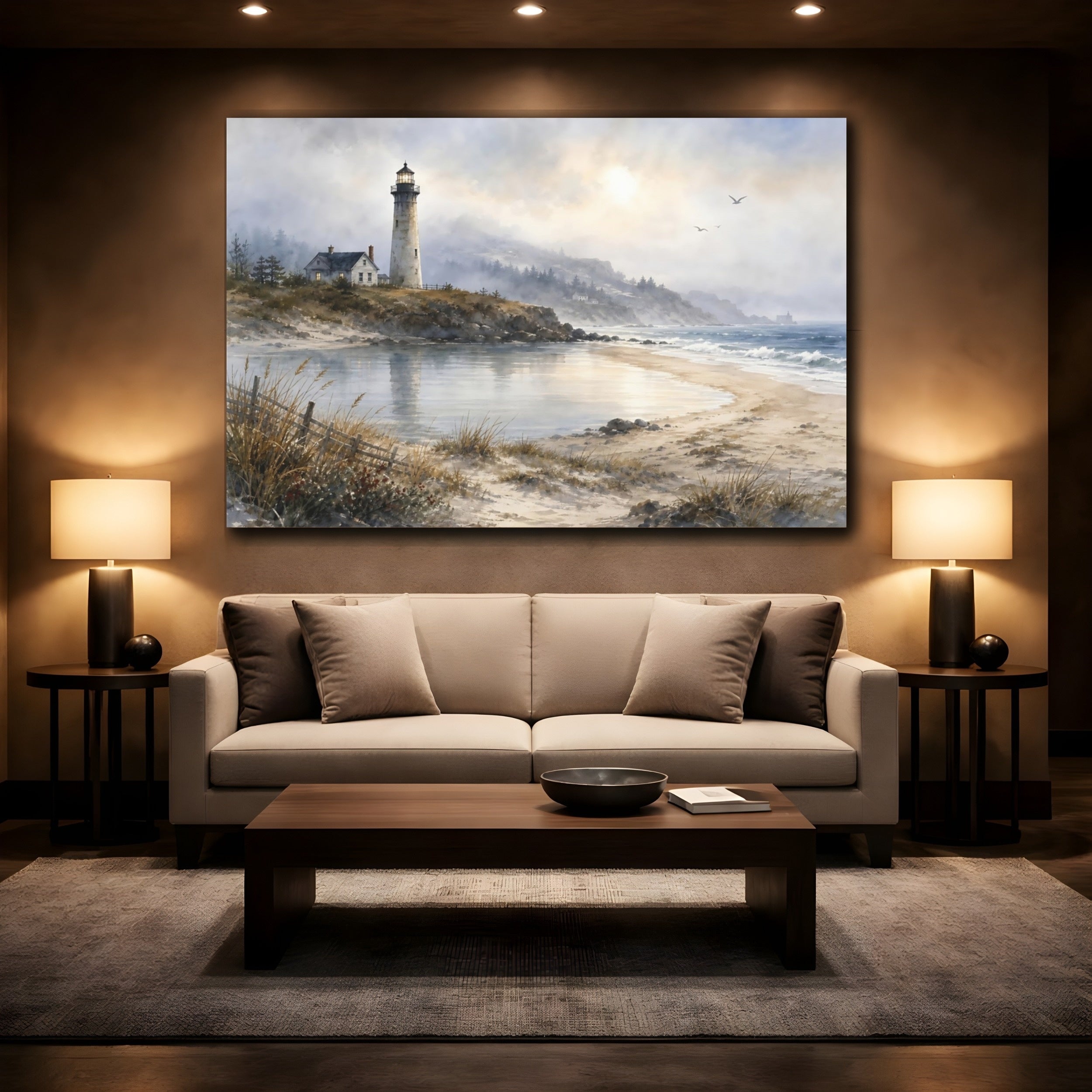 Mockup 2. Nature Lighthouse Coastal Blue Gray shown as stretched canvas wall art