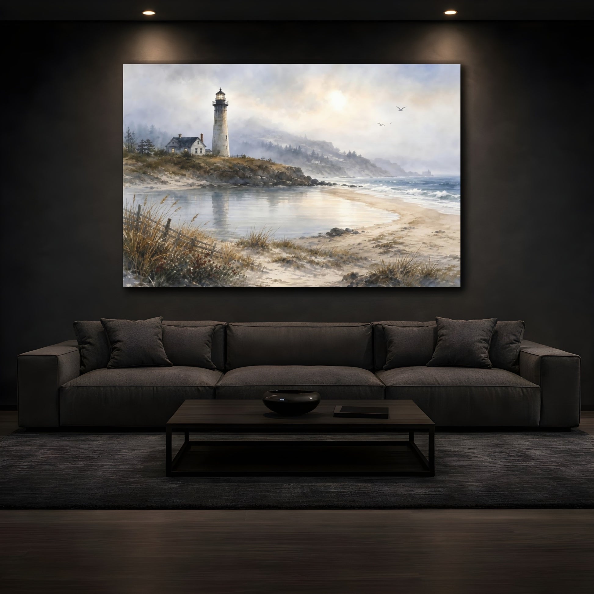 Mockup 3. Nature Lighthouse Coastal Blue Gray shown as stretched canvas wall art