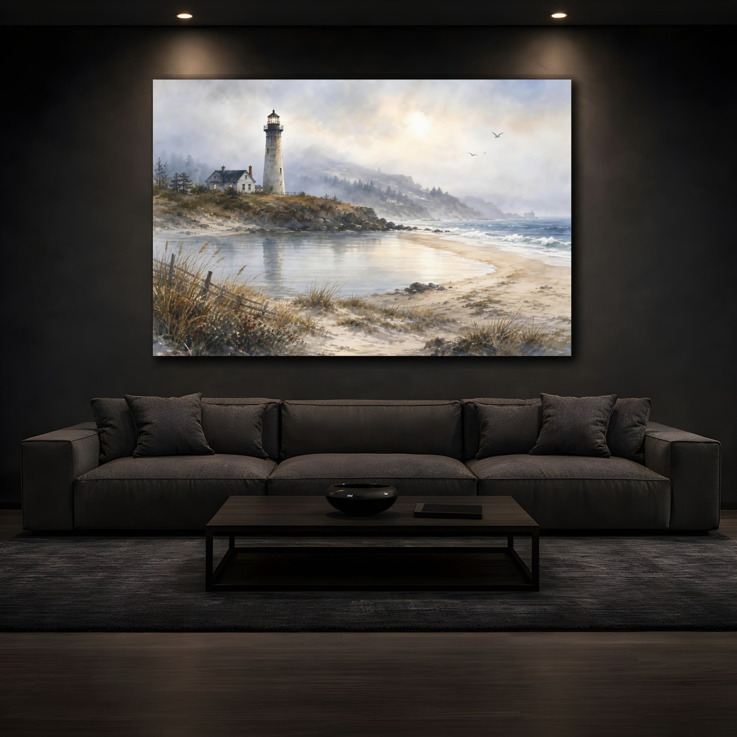 Mockup 3. Nature Lighthouse Coastal Blue Gray shown as stretched canvas wall art
