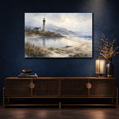 Mockup 4. Nature Lighthouse Coastal Blue Gray shown as stretched canvas wall art