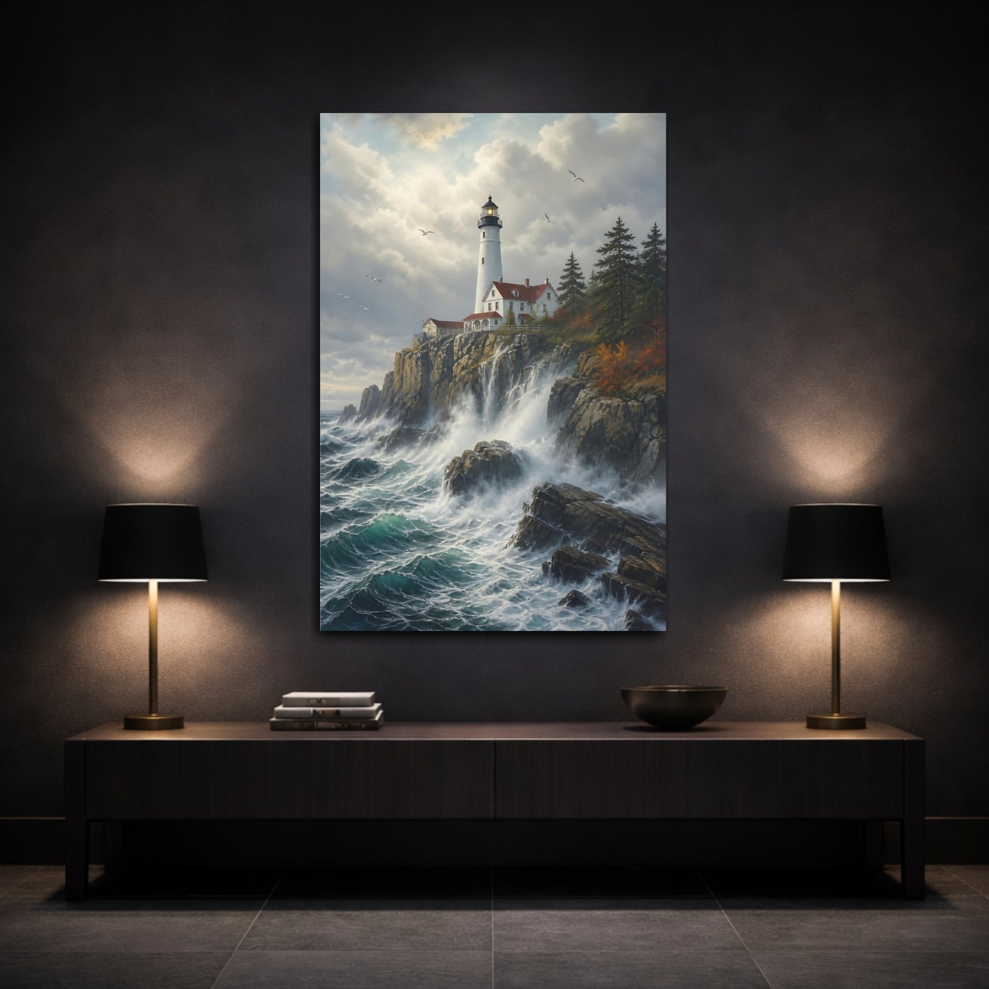 Mockup 3. Nature Lighthouse Coastal Lighthouse shown as stretched canvas wall art