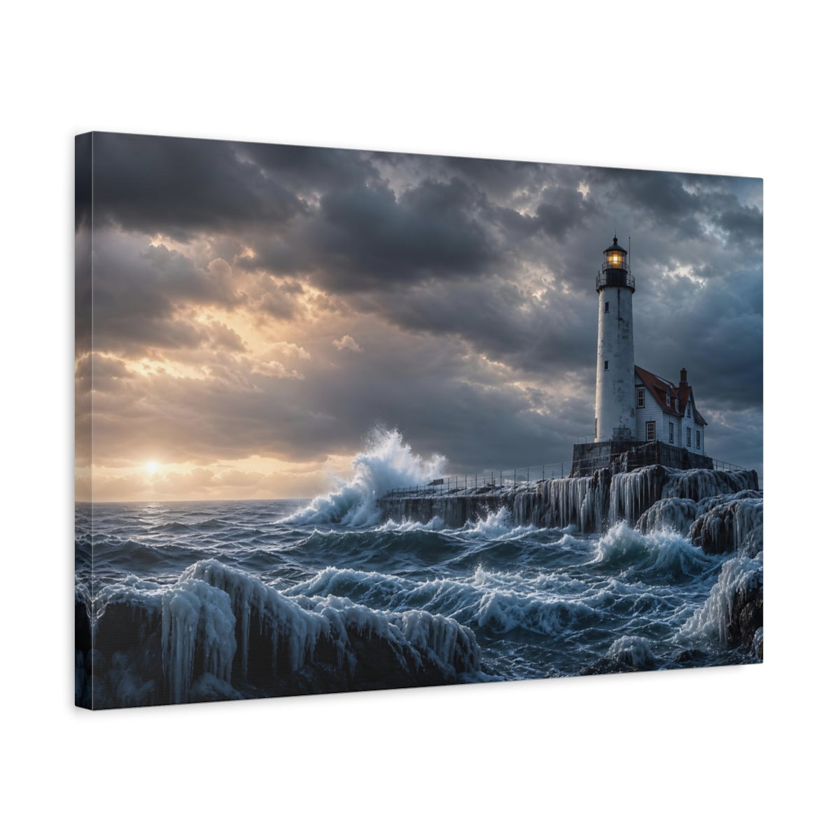 Side Mockup 3. Nature Lighthouse Coastal Storm shown as stretched canvas wall art
