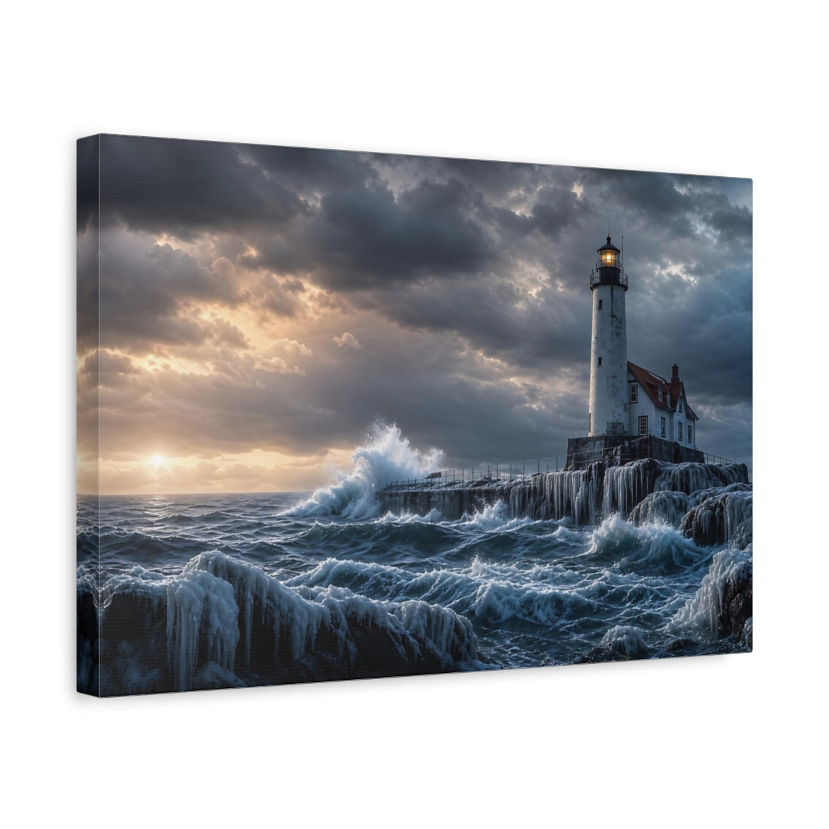 Side Mockup 4. Nature Lighthouse Coastal Storm shown as stretched canvas wall art