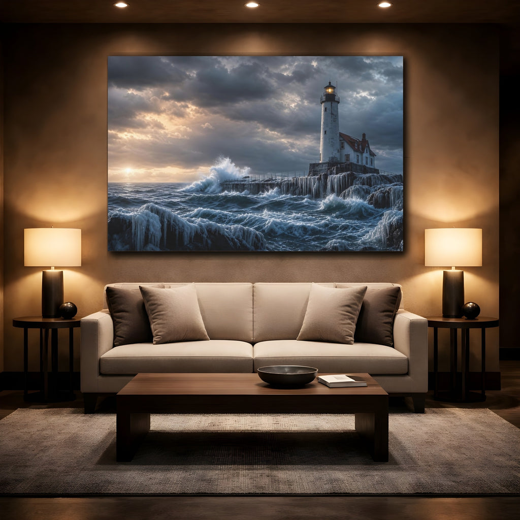 Mockup 2. Nature Lighthouse Coastal Storm shown as stretched canvas wall art