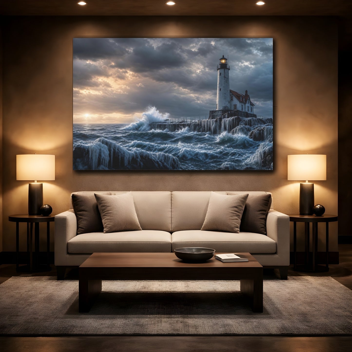 Mockup 2. Nature Lighthouse Coastal Storm shown as stretched canvas wall art