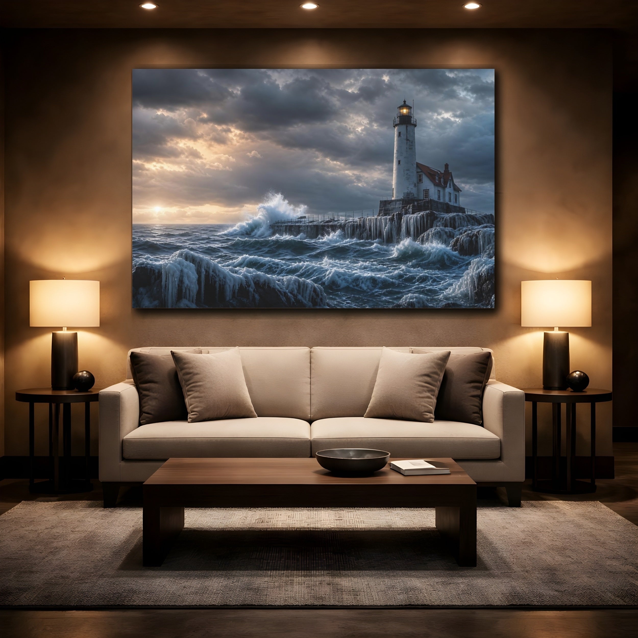 Mockup 2. Nature Lighthouse Coastal Storm shown as stretched canvas wall art