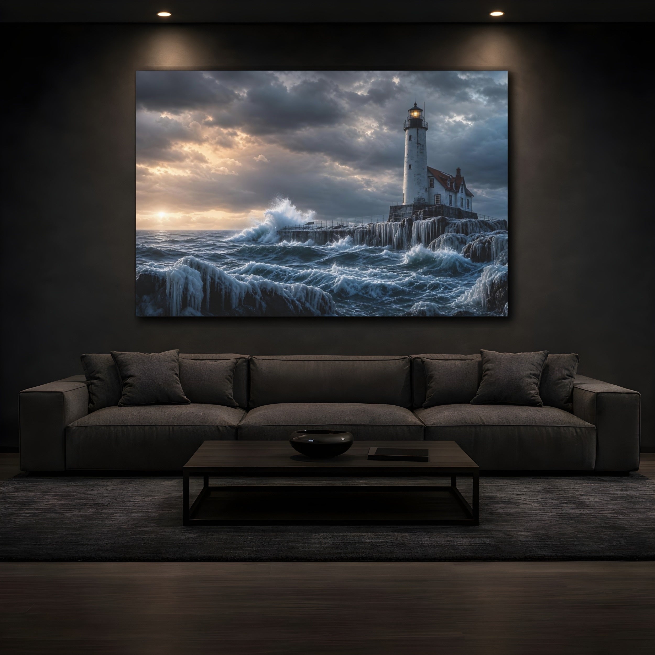 Mockup 3. Nature Lighthouse Coastal Storm shown as stretched canvas wall art