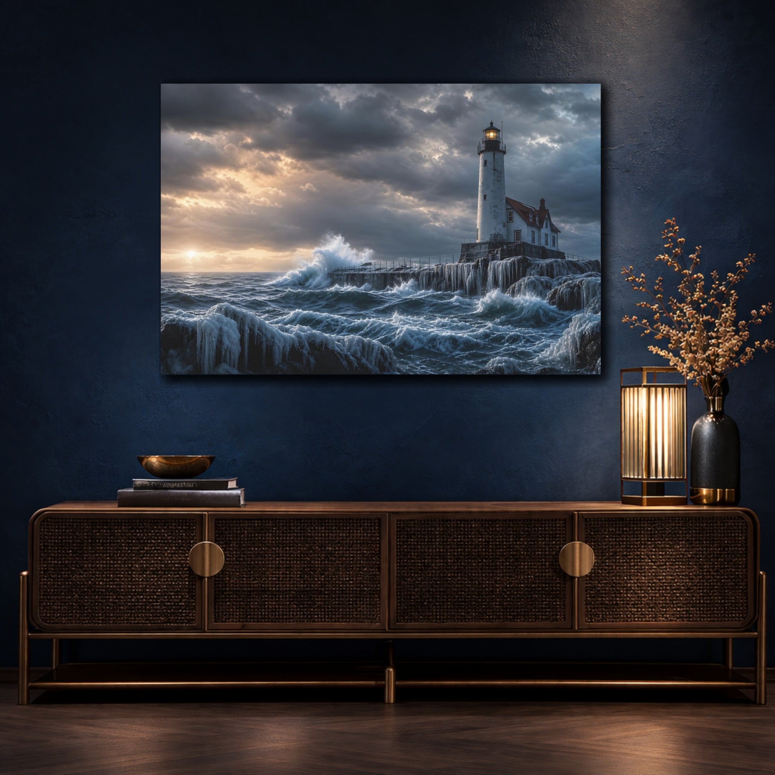 Mockup 4. Nature Lighthouse Coastal Storm shown as stretched canvas wall art