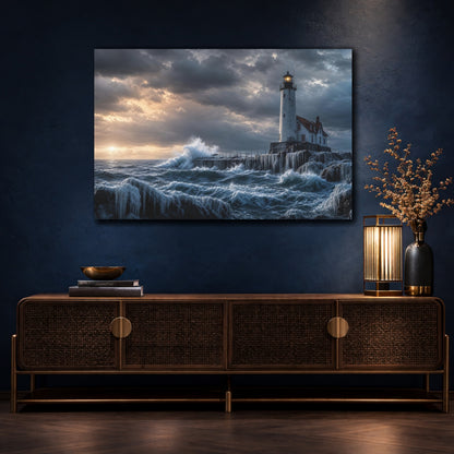 Mockup 4. Nature Lighthouse Coastal Storm shown as stretched canvas wall art