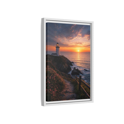 Nature Lighthouse Coastal Sunset Framed Canvas Wall Art - Modern Living Room, Above Console Table shown as canvas wall art