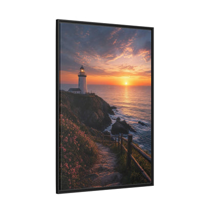 Nature Lighthouse Coastal Sunset Framed Canvas Wall Art - Modern Living Room, Above Console Table shown as canvas wall art