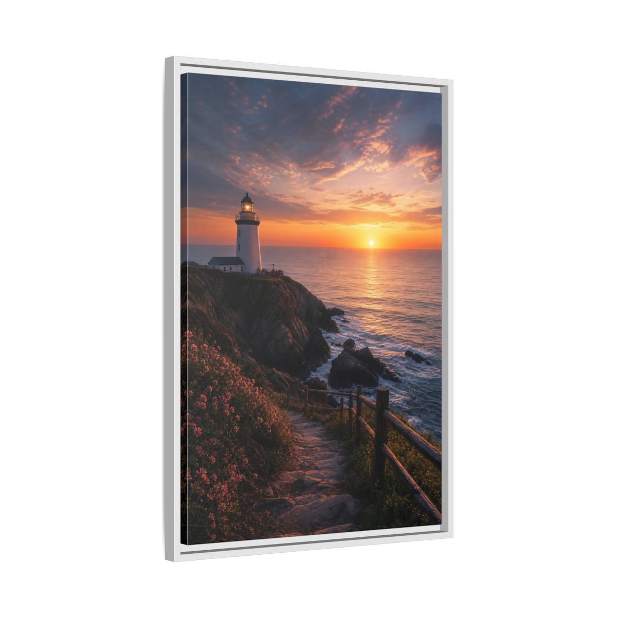Side Mockup 10. Nature Lighthouse Coastal Sunset shown as stretched canvas wall art
