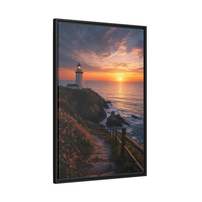 Nature Lighthouse Coastal Sunset Framed Canvas Wall Art - Modern Living Room, Above Console Table shown as canvas wall art