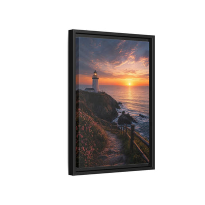 Nature Lighthouse Coastal Sunset Framed Canvas Wall Art - Modern Living Room, Above Console Table shown as canvas wall art