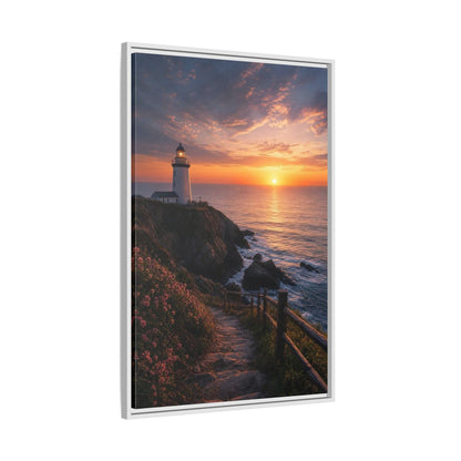 Nature Lighthouse Coastal Sunset Framed Canvas Wall Art - Modern Living Room, Above Console Table shown as canvas wall art