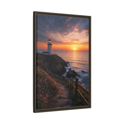 Nature Lighthouse Coastal Sunset Framed Canvas Wall Art - Modern Living Room, Above Console Table shown as canvas wall art
