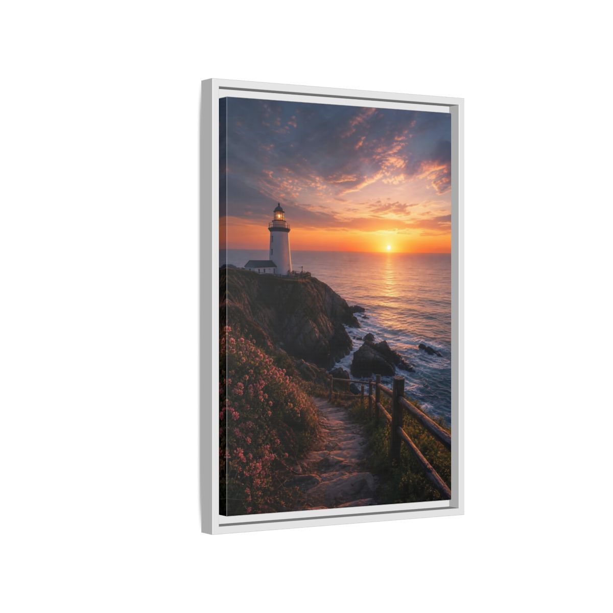 Side Mockup 1. Nature Lighthouse Coastal Sunset shown as stretched canvas wall art
