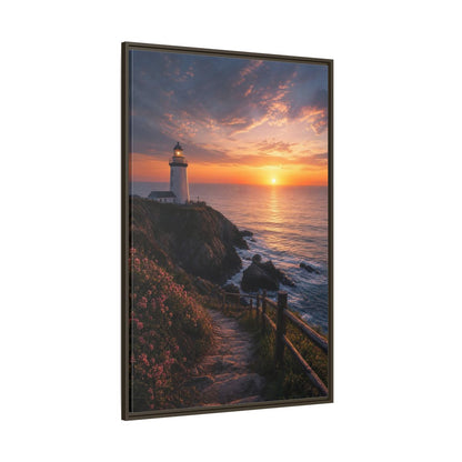 Nature Lighthouse Coastal Sunset Framed Canvas Wall Art - Modern Living Room, Above Console Table shown as canvas wall art