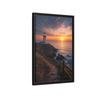 Nature Lighthouse Coastal Sunset Framed Canvas Wall Art - Modern Living Room, Above Console Table shown as canvas wall art