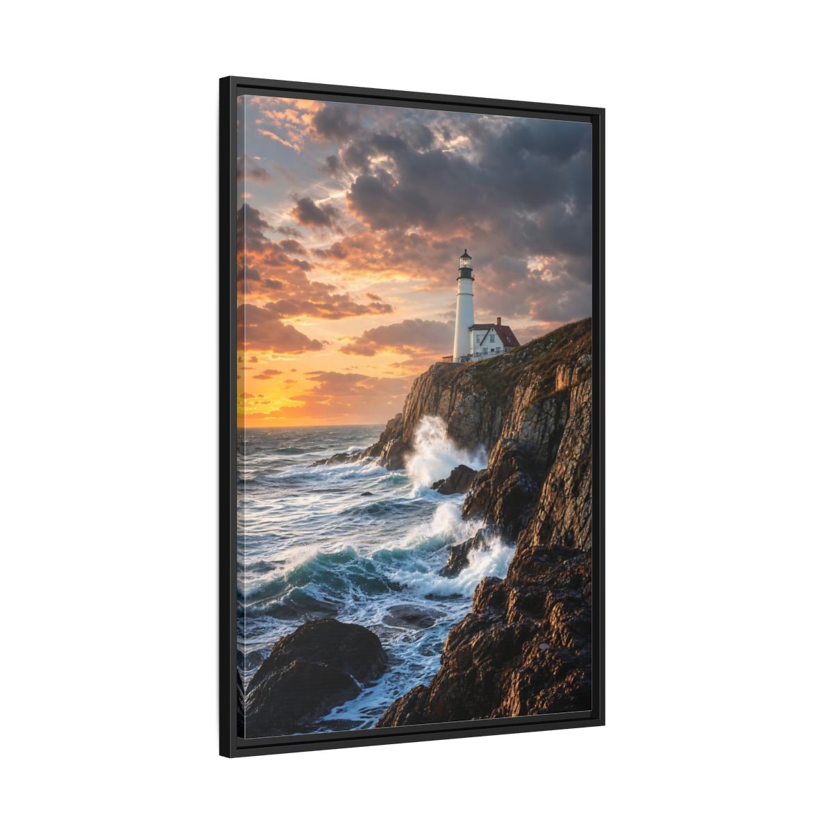 Side Mockup 13. Nature Lighthouse Coastal Sunset shown as stretched canvas wall art