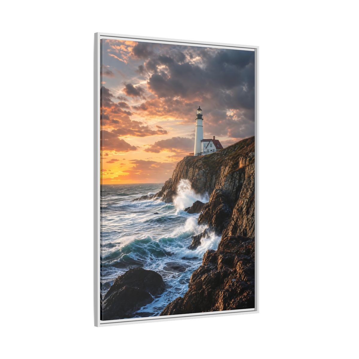 Side Mockup 7. Nature Lighthouse Coastal Sunset shown as stretched canvas wall art