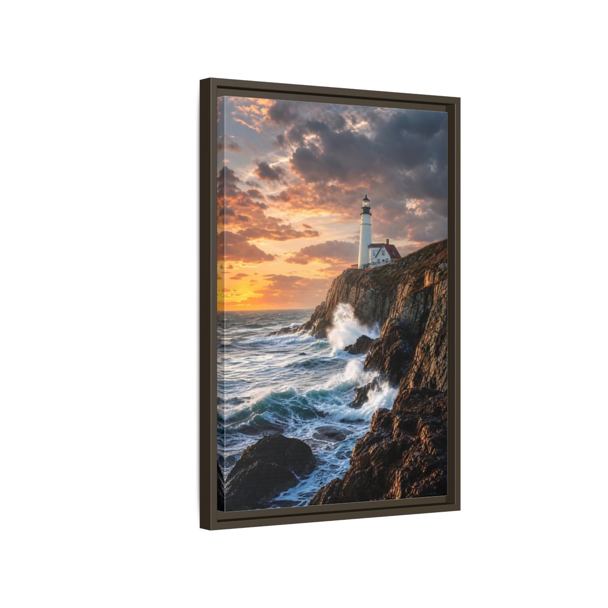 Side Mockup 2. Nature Lighthouse Coastal Sunset shown as stretched canvas wall art