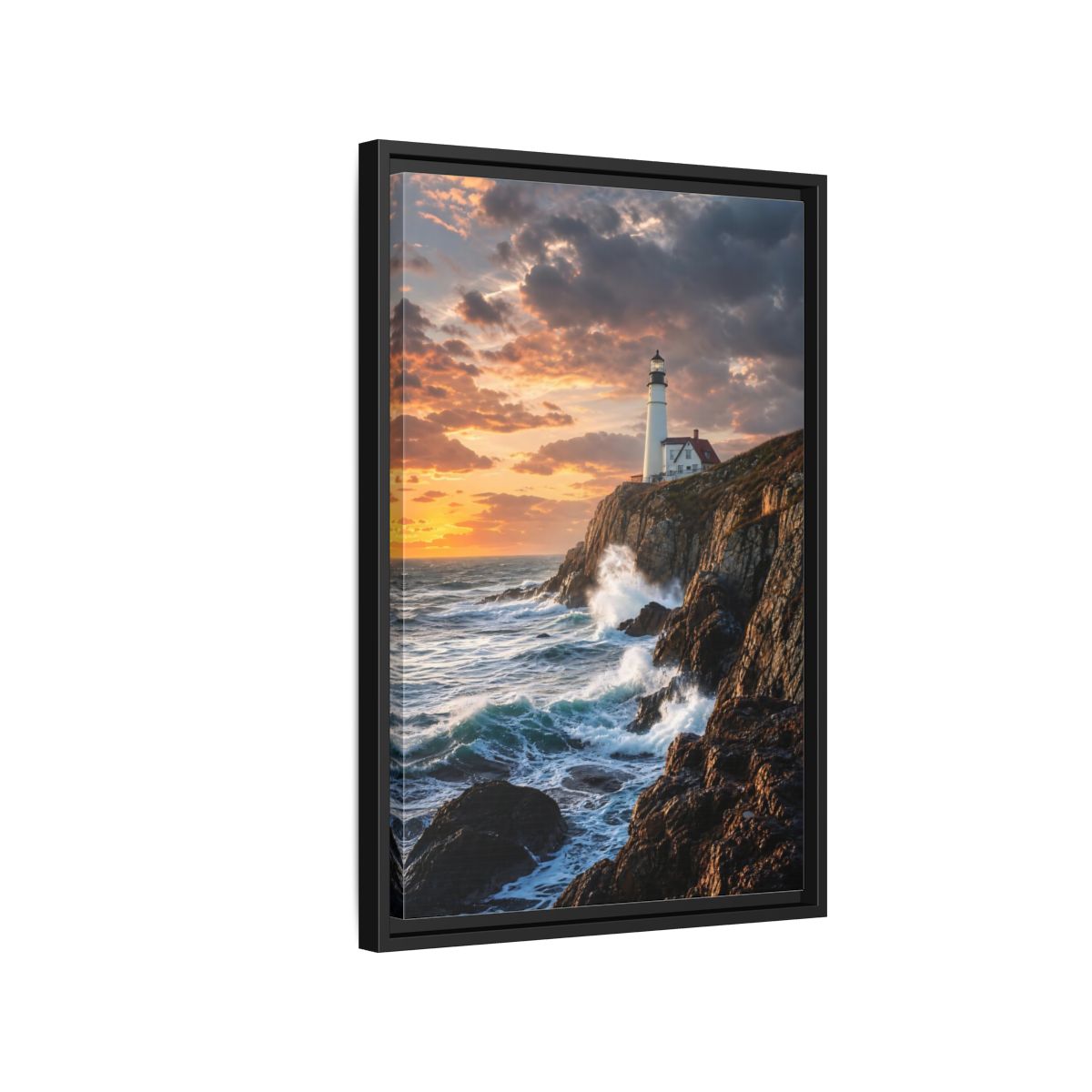 Side Mockup 3. Nature Lighthouse Coastal Sunset shown as stretched canvas wall art