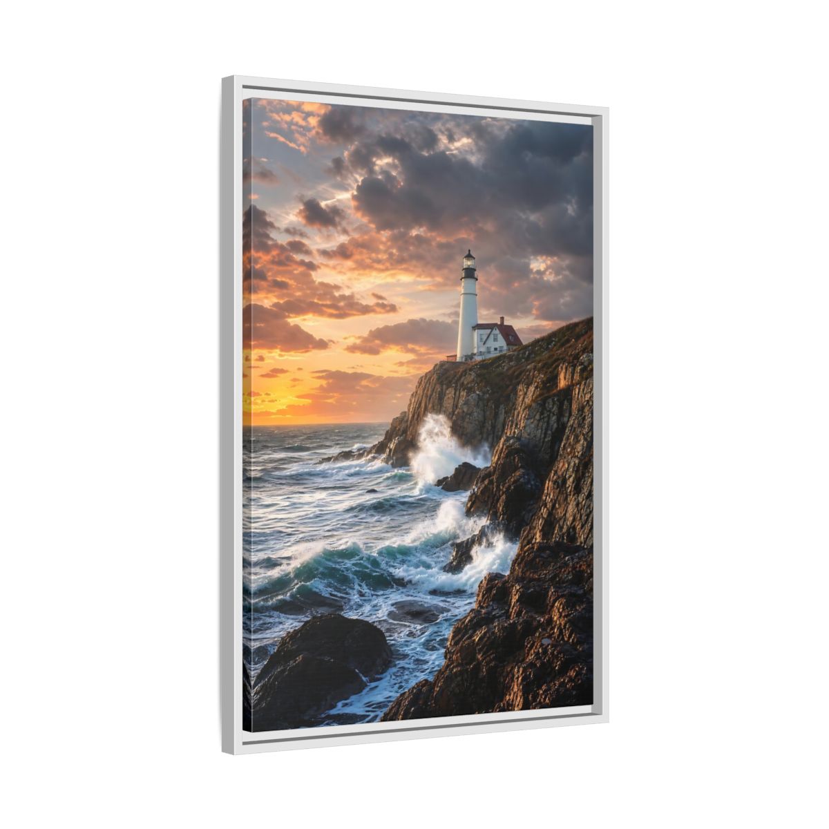 Side Mockup 10. Nature Lighthouse Coastal Sunset shown as stretched canvas wall art