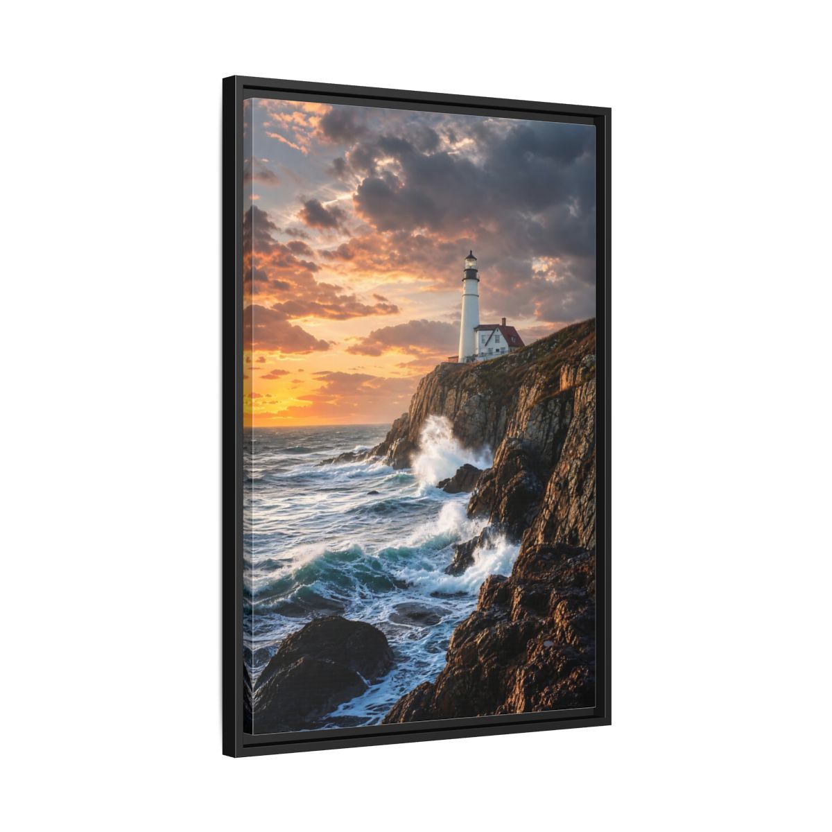 Side Mockup 14. Nature Lighthouse Coastal Sunset shown as stretched canvas wall art