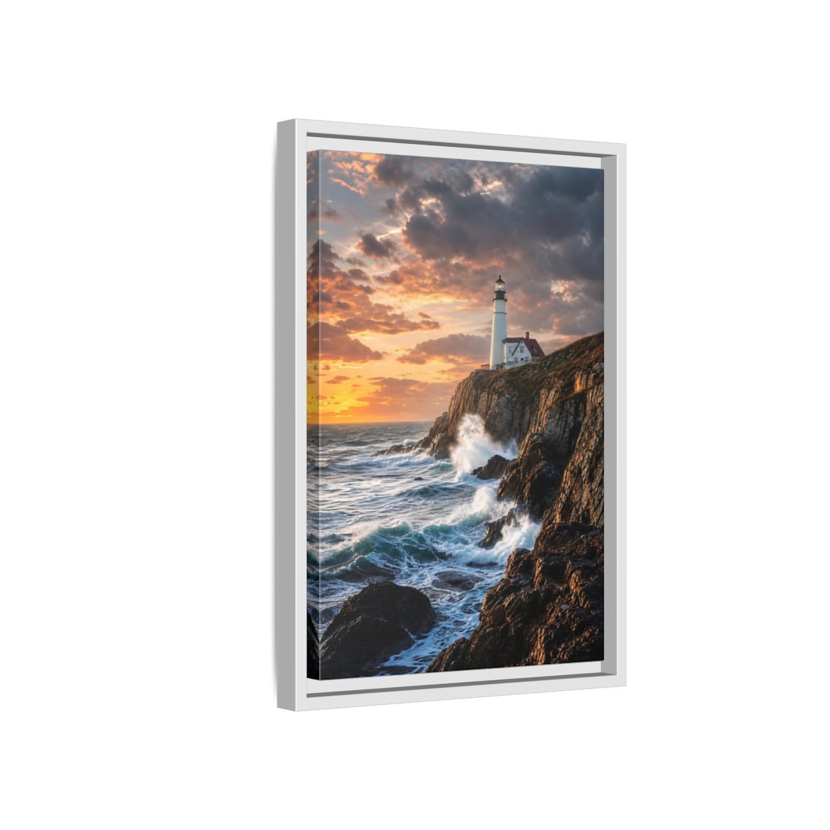 Side Mockup 4. Nature Lighthouse Coastal Sunset shown as stretched canvas wall art