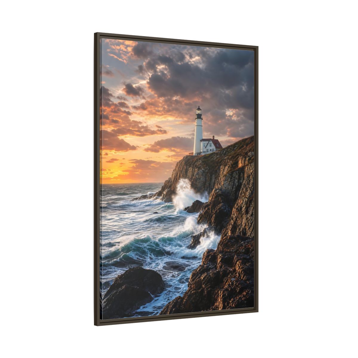 Side Mockup 8. Nature Lighthouse Coastal Sunset shown as stretched canvas wall art