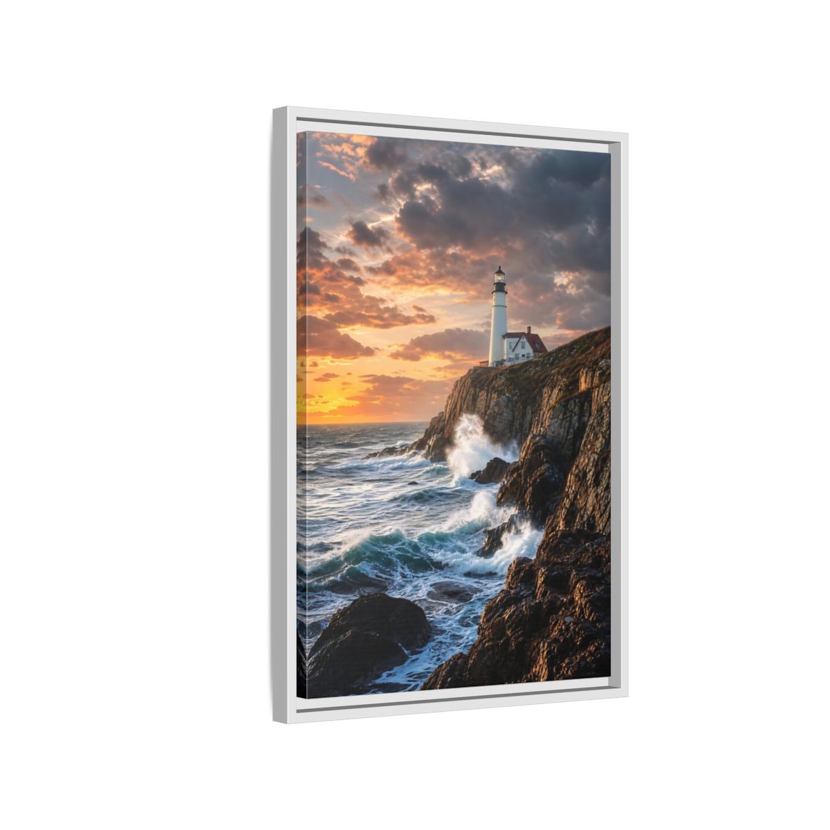 Side Mockup 1. Nature Lighthouse Coastal Sunset shown as stretched canvas wall art