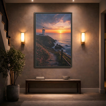 Nature Lighthouse Coastal Sunset Framed Canvas Wall Art - Modern Living Room, Above Console Table shown as canvas wall art
