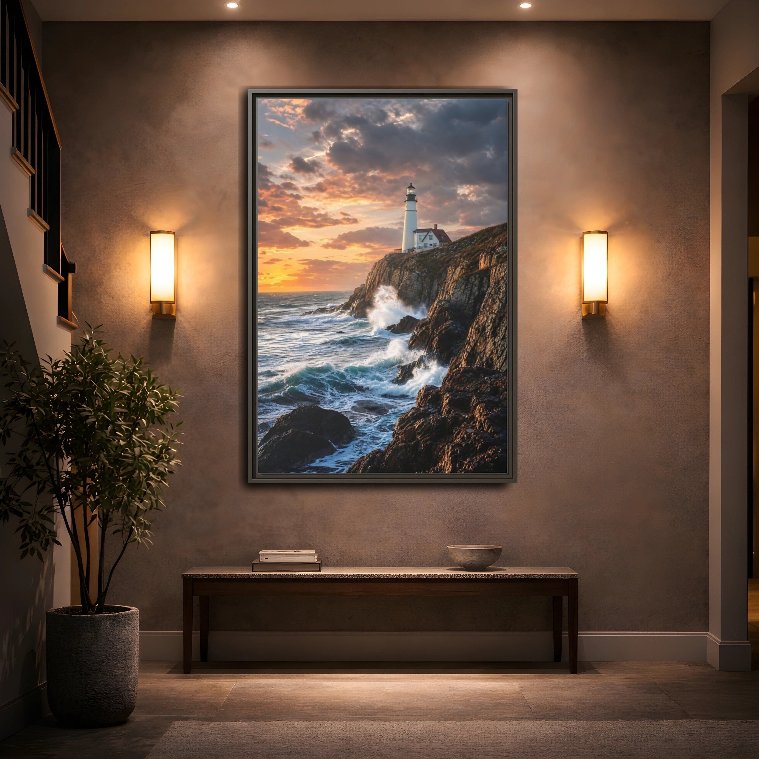 Mockup 2. Nature Lighthouse Coastal Sunset shown as stretched canvas wall art