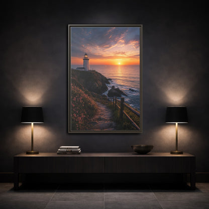 Nature Lighthouse Coastal Sunset Framed Canvas Wall Art - Modern Living Room, Above Console Table shown as canvas wall art