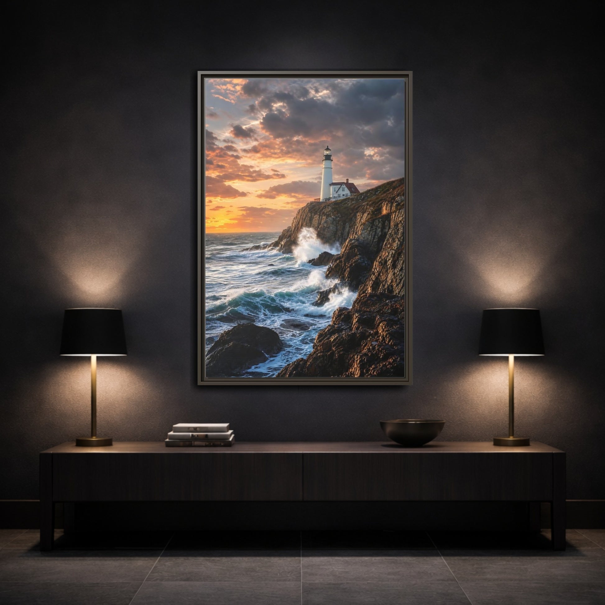 Mockup 3. Nature Lighthouse Coastal Sunset shown as stretched canvas wall art