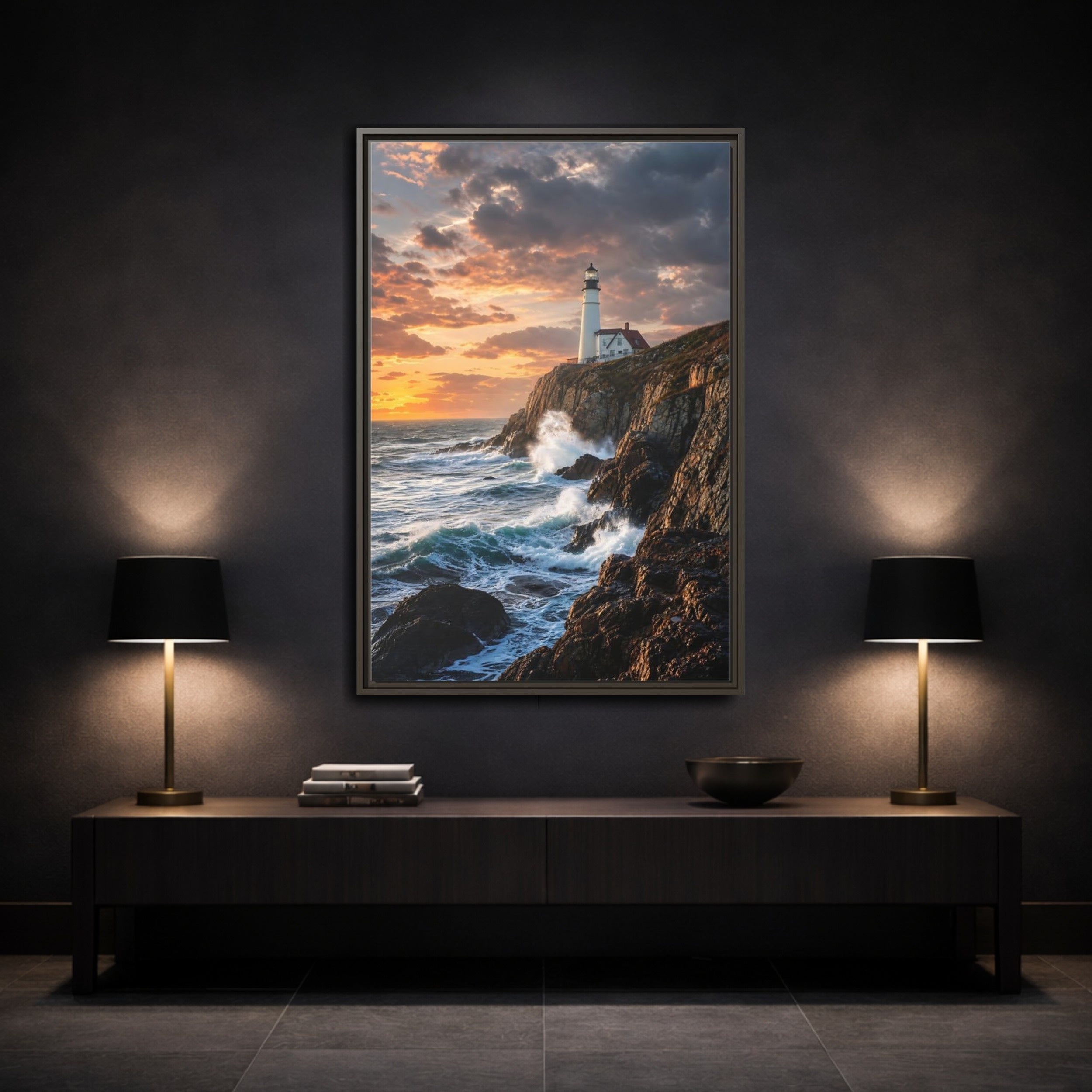 Mockup 3. Nature Lighthouse Coastal Sunset shown as stretched canvas wall art