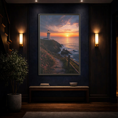 Nature Lighthouse Coastal Sunset Framed Canvas Wall Art - Modern Living Room, Above Console Table shown as canvas wall art