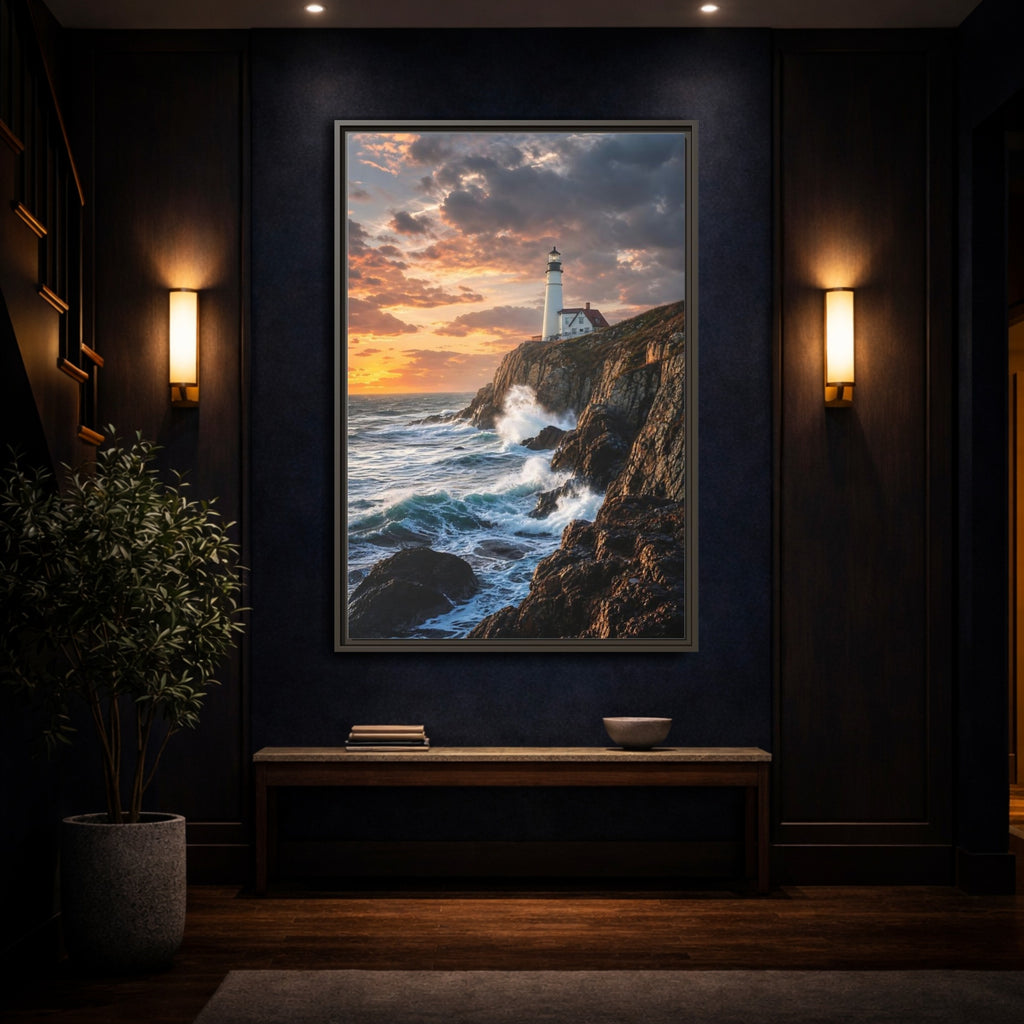 Mockup 4. Nature Lighthouse Coastal Sunset shown as stretched canvas wall art