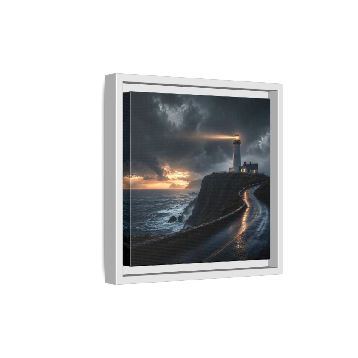 Side Mockup 19. Nature Lighthouse Dark Coastal Lighthouse shown as stretched canvas wall art