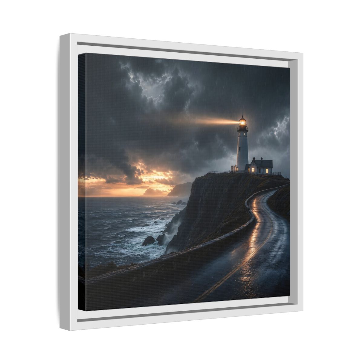 Side Mockup 28. Nature Lighthouse Dark Coastal Lighthouse shown as stretched canvas wall art